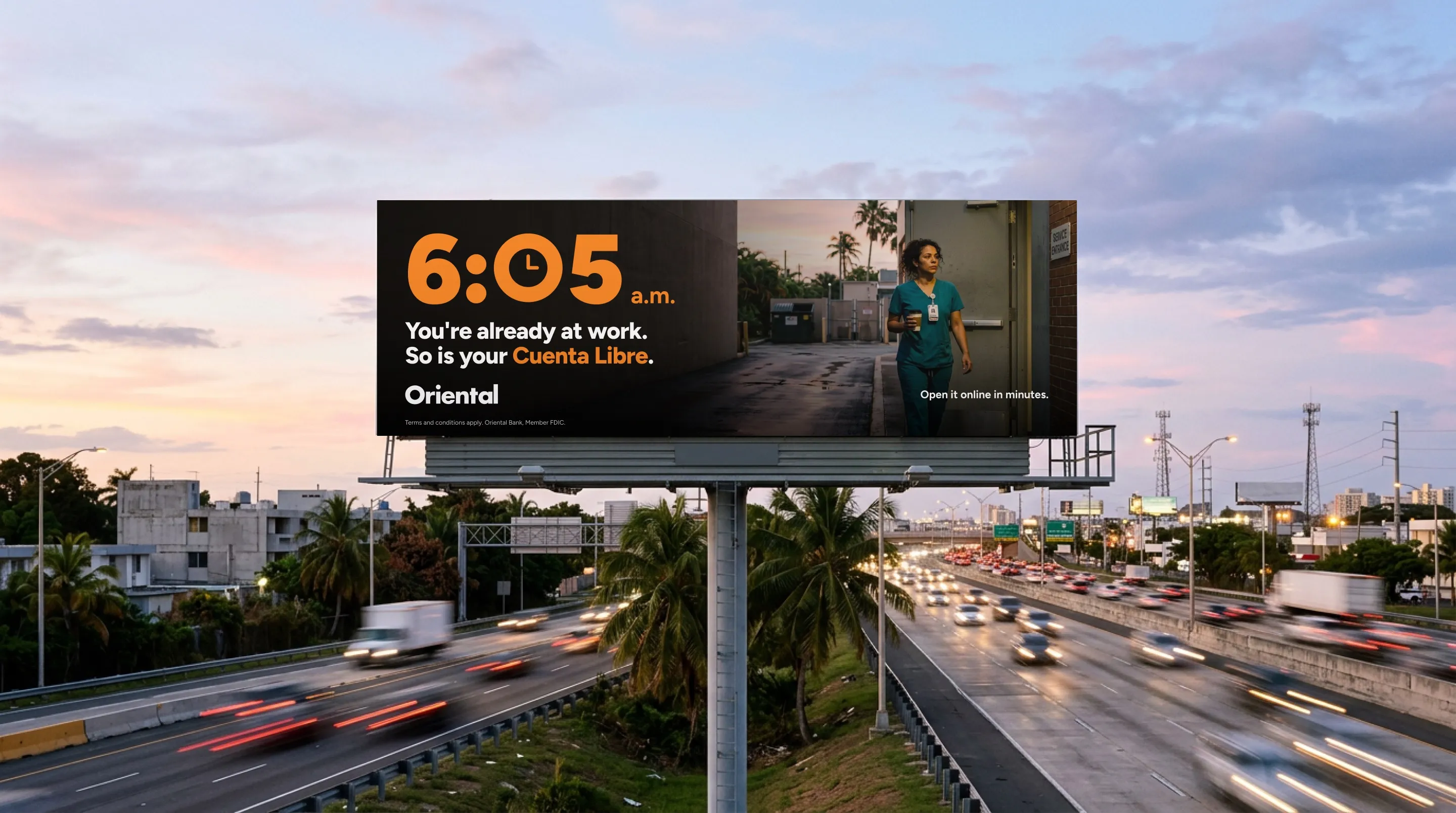 Billboard mockup of The hour concept on a San Juan street