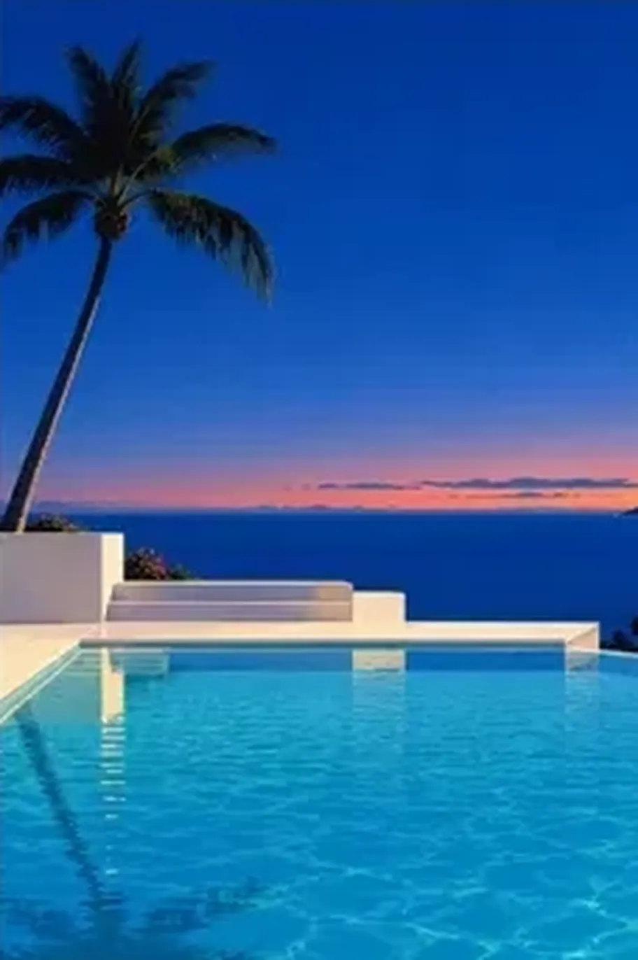 Pool at blue hour under a palm tree